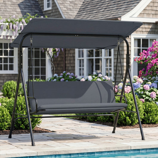 3-Seat Patio Swing Chair with Adjustable Canopy & Removable Cushion-Gray