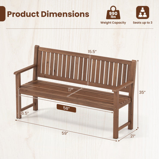 3-Seater Outdoor Wooden Bench 59 inch Large Garden Bench with Backrest-Brown