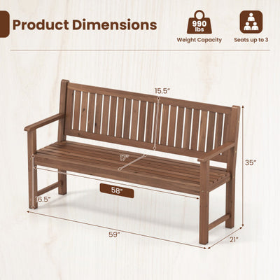 3-Seater Outdoor Wooden Bench 59 inch Large Garden Bench with Backrest-Brown