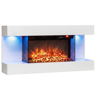 3-Sided  White Wall Mount Electric WiFi Fireplace with Floating Mantel and 12 Flame Ambient Colors-32 inch