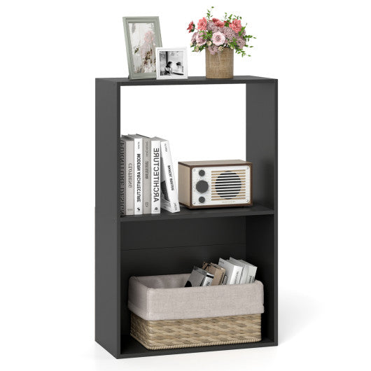 3-Tier Bookshelf with Open Storage Compartment and Freestanding Display Shelf-Black