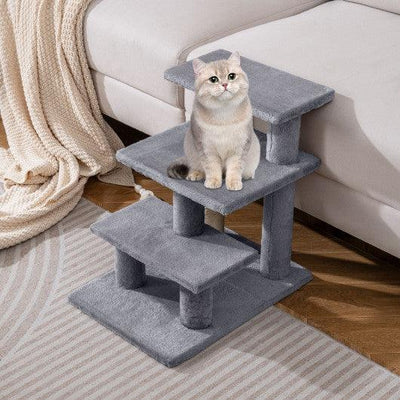 3-Tier Cat Stairs 19 Inch Plush Steps with Scratching Posts for High Bed Sofa-Gray