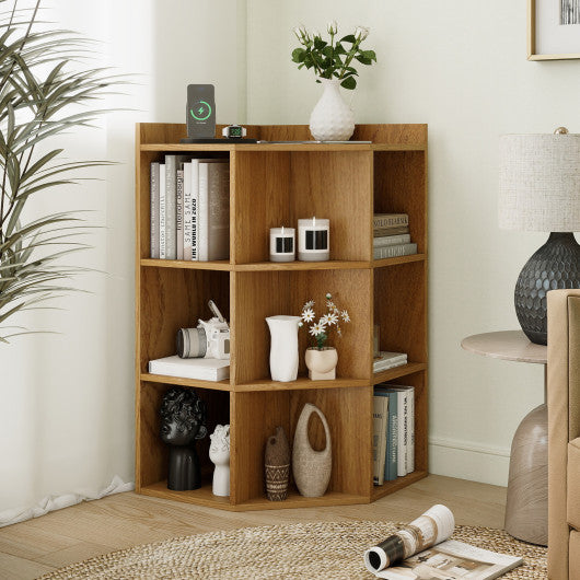 3-Tier Corner Cabinet with Charging Station for Bedroom-Natural