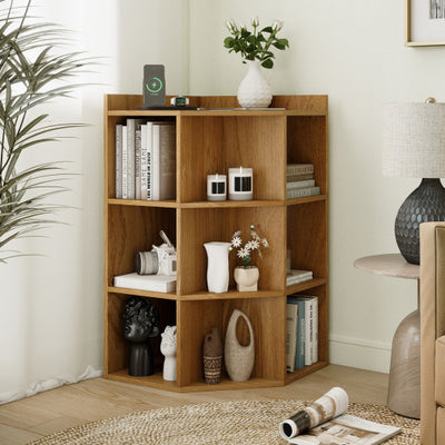 3-Tier Corner Cabinet with Charging Station for Bedroom-Natural