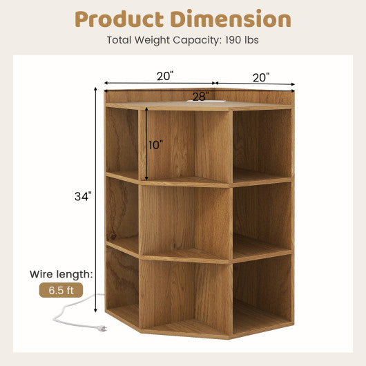 3-Tier Corner Cabinet with Charging Station for Bedroom-Natural