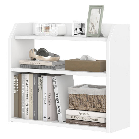 3-Tier Desktop Bookshelf Wooden Countertop Bookcase with Raised Top Guardrails-White