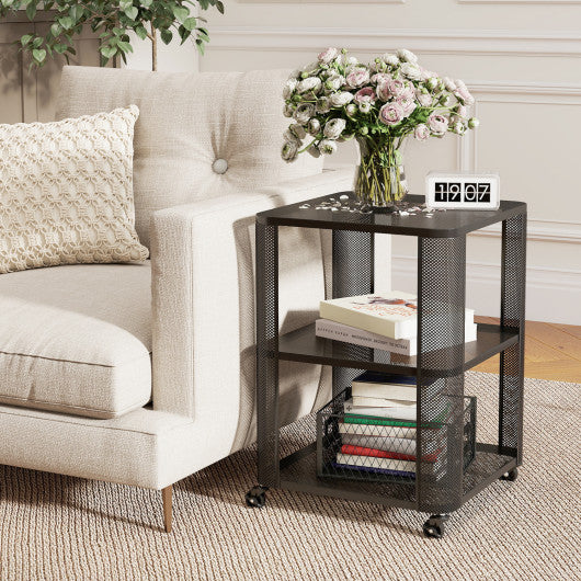3-Tier End Table with Wheels Rolling Side Table with Open Storage Shelves-1 Piece