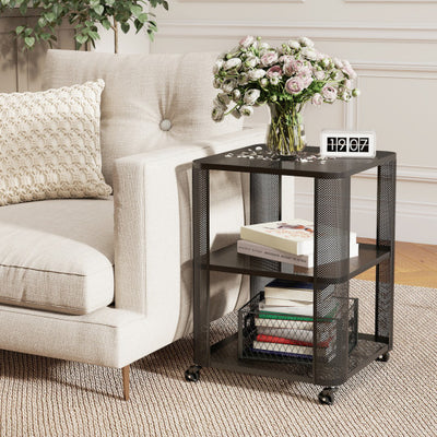 3-Tier End Table with Wheels Rolling Side Table with Open Storage Shelves-1 Piece