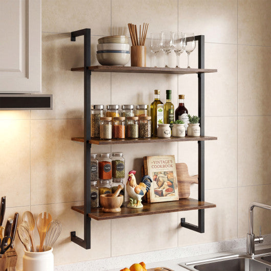 3-Tier Floating Modern Kitchen Shelf for Living Room Home Office and Bathroom-Rustic Brown