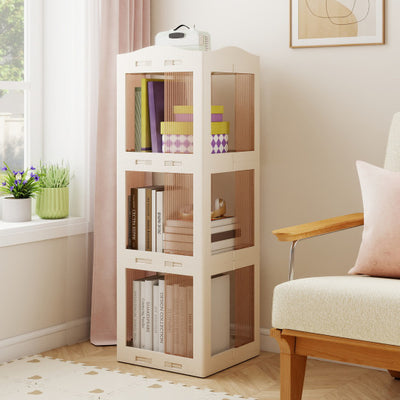 3-Tier Foldable Rotating Bookshelf with Swivel Base and Translucent Panels-White