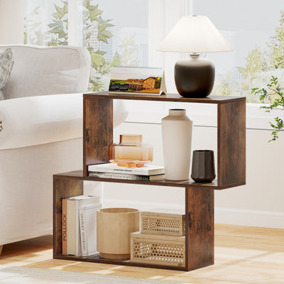 3-Tier Geometric Bookshelf Freestanding Wooden Bookcase with 2 Cubic Compartments-Brown