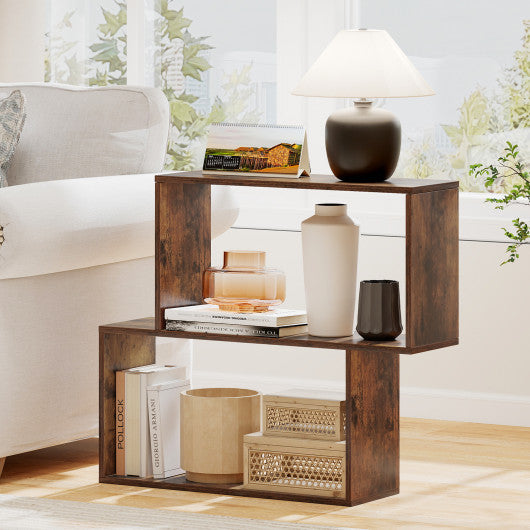3-Tier Geometric Bookshelf Freestanding Wooden Bookcase with 2 Cubic Compartments-Brown