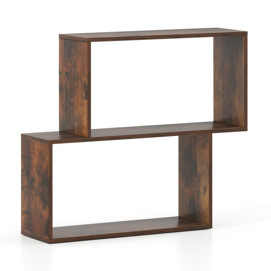 3-Tier Geometric Bookshelf Freestanding Wooden Bookcase with 2 Cubic Compartments-Brown