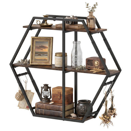 3-Tier Geometric Bookcase with S-Shaped Hooks for Living Room-Rustic Brown