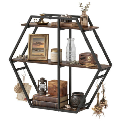 3-Tier Geometric Bookcase with S-Shaped Hooks for Living Room-Rustic Brown