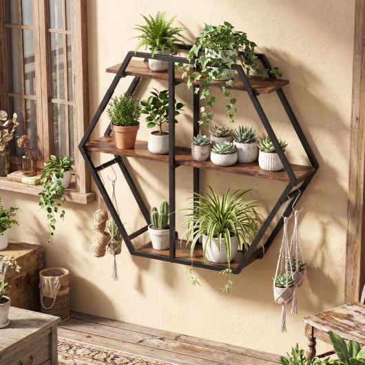 3-Tier Geometric Bookcase with S-Shaped Hooks for Living Room-Rustic Brown