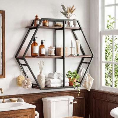 3-Tier Geometric Bookcase with S-Shaped Hooks for Living Room-Rustic Brown