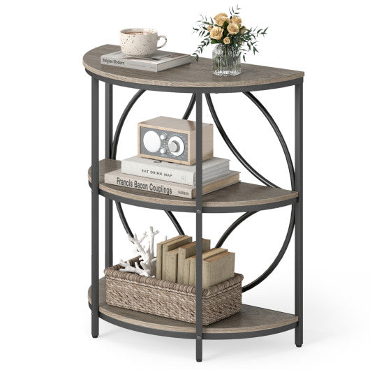 3-Tier Half Round End Table with Study Metal Frame for Living Room-Gray