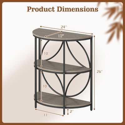 3-Tier Half Round End Table with Study Metal Frame for Living Room-Gray