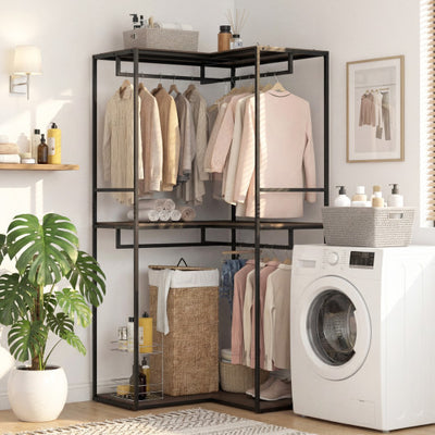 3-Tier Heavy Duty Clothes Rack with 3 Shelves & 2 Hanging Racks-Black & Brown