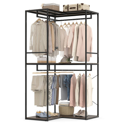 3-Tier Heavy Duty Clothes Rack with 3 Shelves & 2 Hanging Racks-Black & Brown