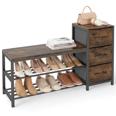 3-Tier Industrial Shoe Bench with 3 Removable Fabric Drawers and Anti-toppling Kits-Rustic Brown