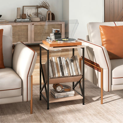 3-Tier Industrial Side Table with V-shaped Bookshelf for Living Room-Natural
