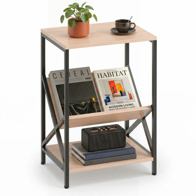 3-Tier Industrial Side Table with V-shaped Bookshelf for Living Room-Natural