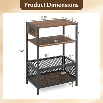 3-Tier Industrial Side Table with 2 AC Outlets 1 USB and 1 Type-C Ports-Rustic Brown