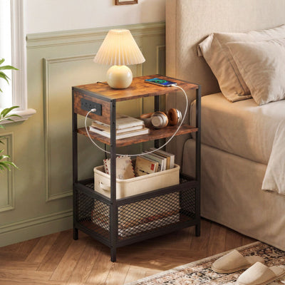 3-Tier Industrial Side Table with 2 AC Outlets 1 USB and 1 Type-C Ports-Rustic Brown
