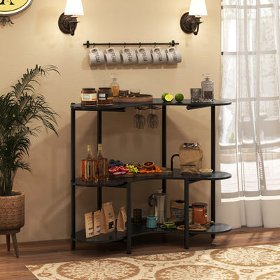 3-Tier Liquor Bar Table with Stemware Racks and Storage Shelves-Black