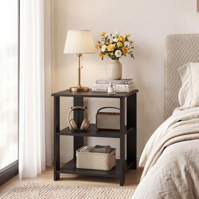 3-Tier Modern Nightstand Square Side Table with Open Storage Shelves-Black