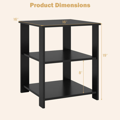 3-Tier Modern Nightstand Square Side Table with Open Storage Shelves-Black