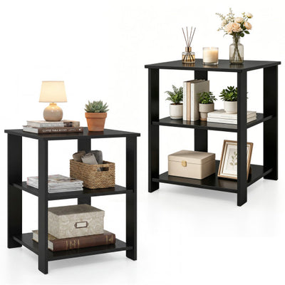 3-Tier Modern Nightstand Square Side Table with Open Storage Shelves Set of 2-Black