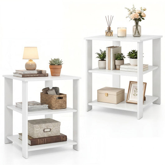 3-Tier Modern Nightstand Square Side Table with Open Storage Shelves Set of 2-White