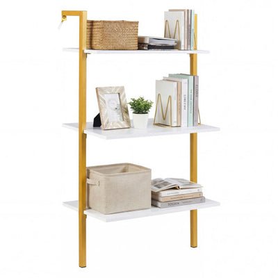 3-Tier Modern Wall Mounted Shelves Wooden Floating Shelving Unit Metal Ladder Bookshelf-White