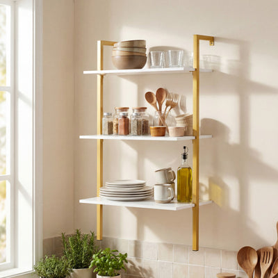 3-Tier Modern Wall Mounted Shelves Wooden Floating Shelving Unit Metal Ladder Bookshelf-White