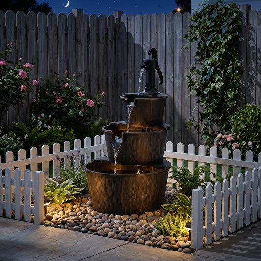 3-Tier Outdoor Barrel Waterfall Fountain with Electric Pump