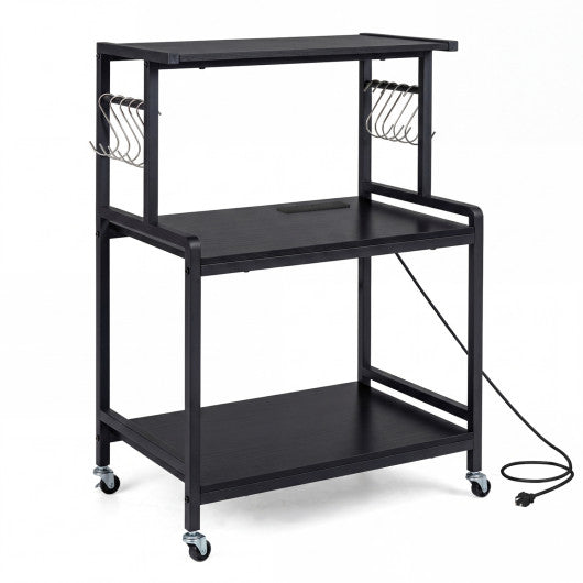 3-Tier Rolling Microwave Cart with Power Outlet and Lockable Wheels and 10 Hooks-Black
