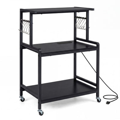 3-Tier Rolling Microwave Cart with Power Outlet and Lockable Wheels and 10 Hooks-Black
