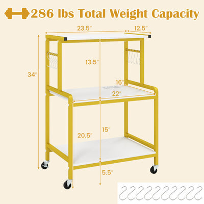 3-Tier Rolling Microwave Cart with Power Outlet and Lockable Wheels and 10 Hooks-White