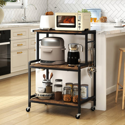 3-Tier Rolling Microwave Cart with Power Outlet and Lockable Wheels and 10 Hooks-Rustic Brown