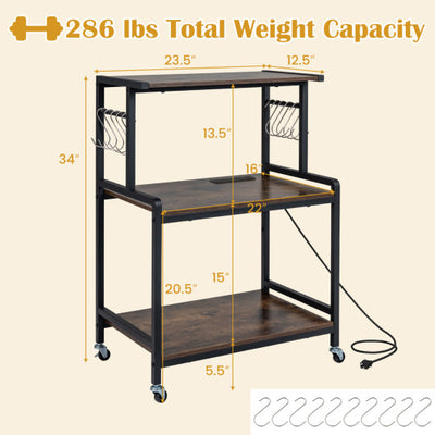 3-Tier Rolling Microwave Cart with Power Outlet and Lockable Wheels and 10 Hooks-Rustic Brown
