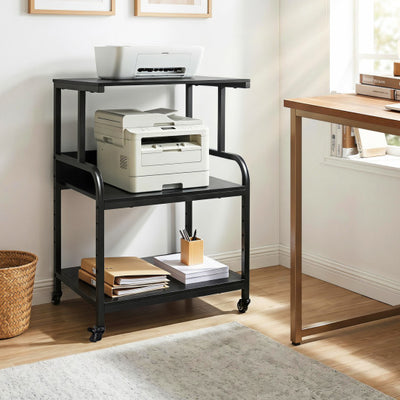 3-Tier Rolling Printer Stand with Adjustable Shelf and Lockable Wheels-Black