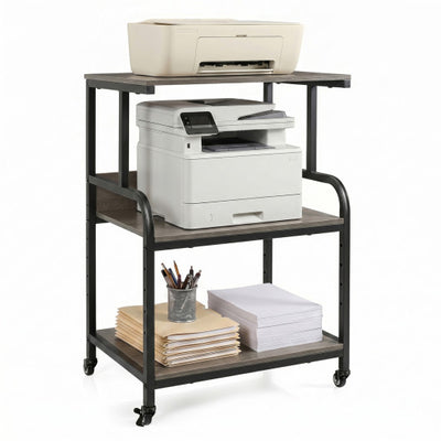 3-Tier Rolling Printer Stand with Adjustable Shelf and Lockable Wheels-Oak