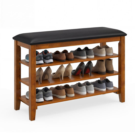 3-Tier Shoe Rack Bench with Adjustable Shelves and Soft Cushion for Entryway and Living Room-Brown