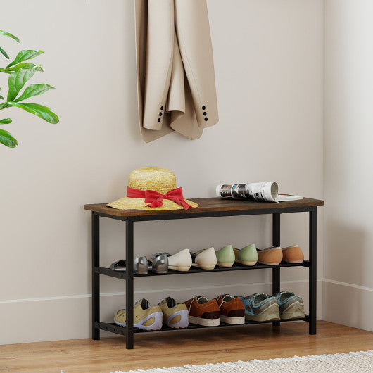 3-Tier Shoe Rack Shoe Bench with Metal Slat Shelves and Long Wooden Seat-Rustic Brown
