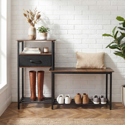 3-Tier Shoe Storage Rack Bench with Drawer and Metal Frame-Rustic Brown