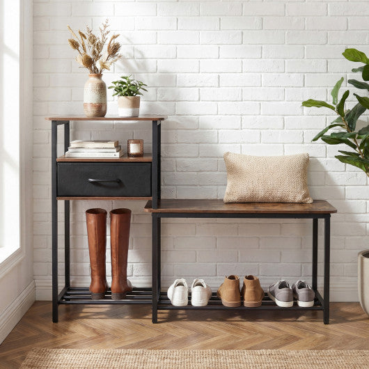 3-Tier Shoe Storage Rack Bench with Drawer and Metal Frame-Rustic Brown