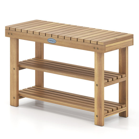 3-Tier Solid Wood Shoe Rack Bench with Slatted Shelves-M